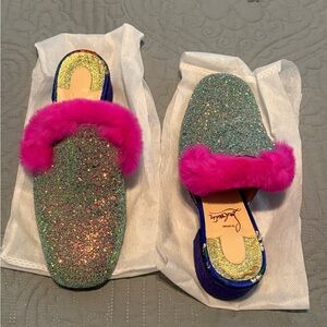 Christian Louboutin Sandals 38 Classic Boudiva Glitter Fur Etincelle Mules
